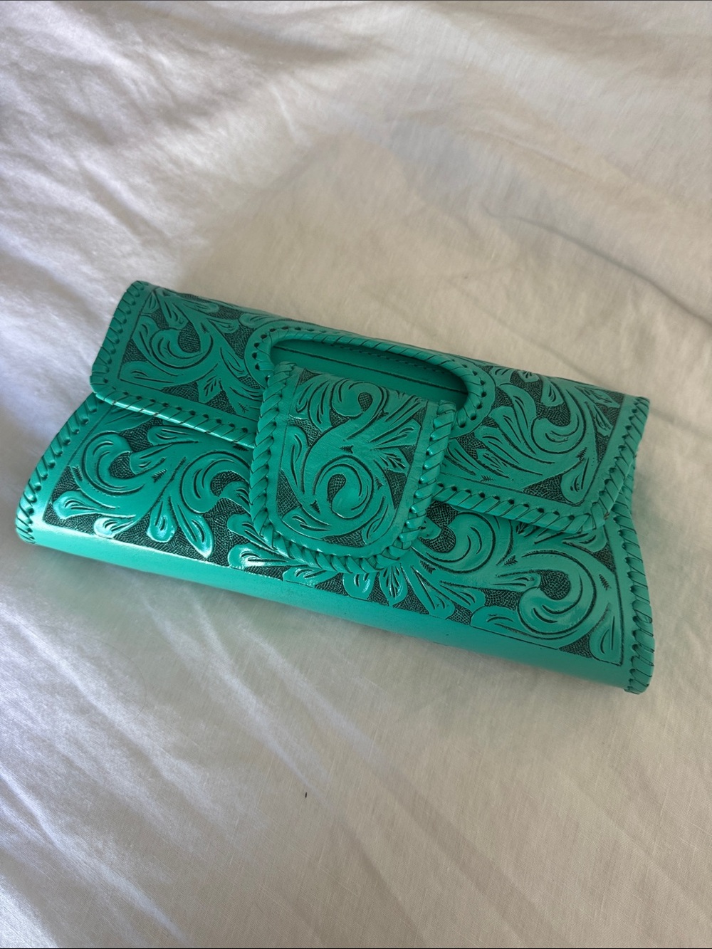 Hand-Tooled Teal Women’s Clutch Wallet